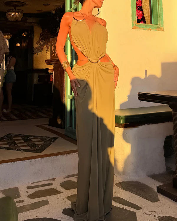 Olive Cutout Metal Hardware Halter Maxi Gown