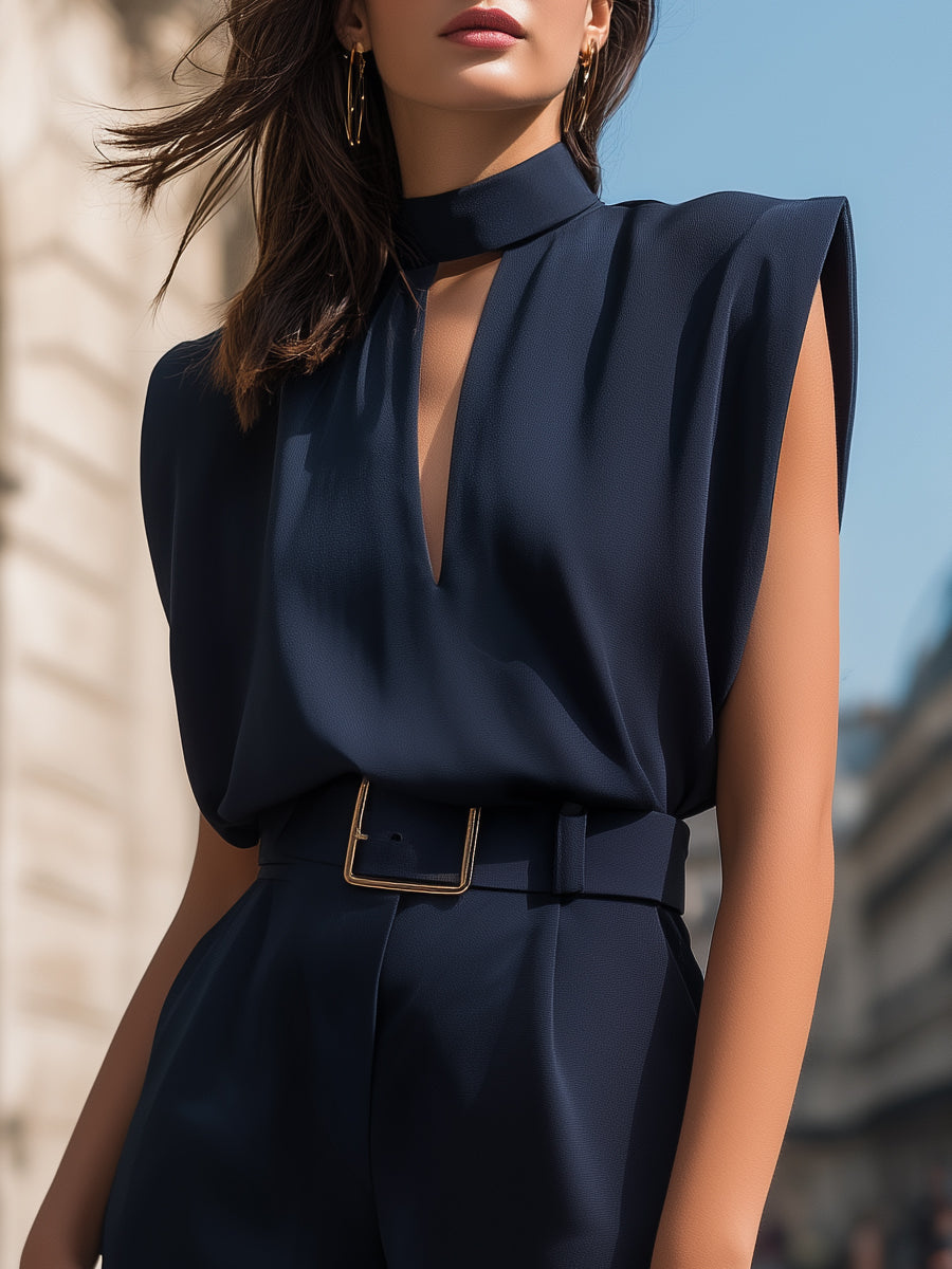 High-Neck Cutout Belted Tailored Romper