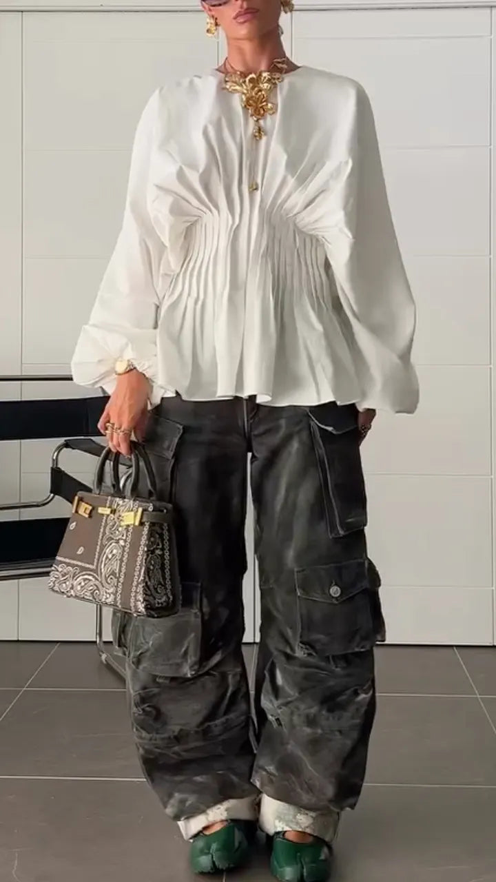 Ruched Waist Satin Long Sleeve Blouse
