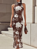 Elegant Brown White Ink Floral Print Mesh Sleeveless Maxi Dress