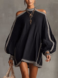Boho Embroidered Trim Lantern Sleeve Dress