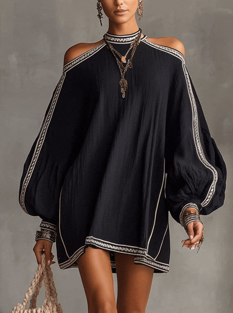 Boho Embroidered Trim Lantern Sleeve Dress