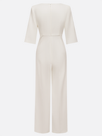 Women White Faux Pearl Slit Boat Neck Half Sleeve Dressy Jumpsuit