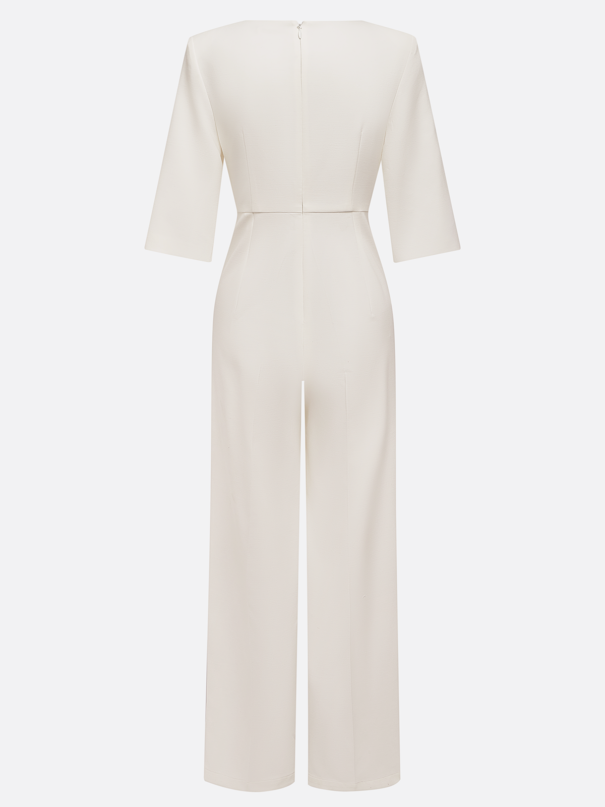 Women White Faux Pearl Slit Boat Neck Half Sleeve Dressy Jumpsuit