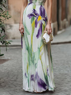 Iris Bloom Sleeveless Plissé Maxi Gown