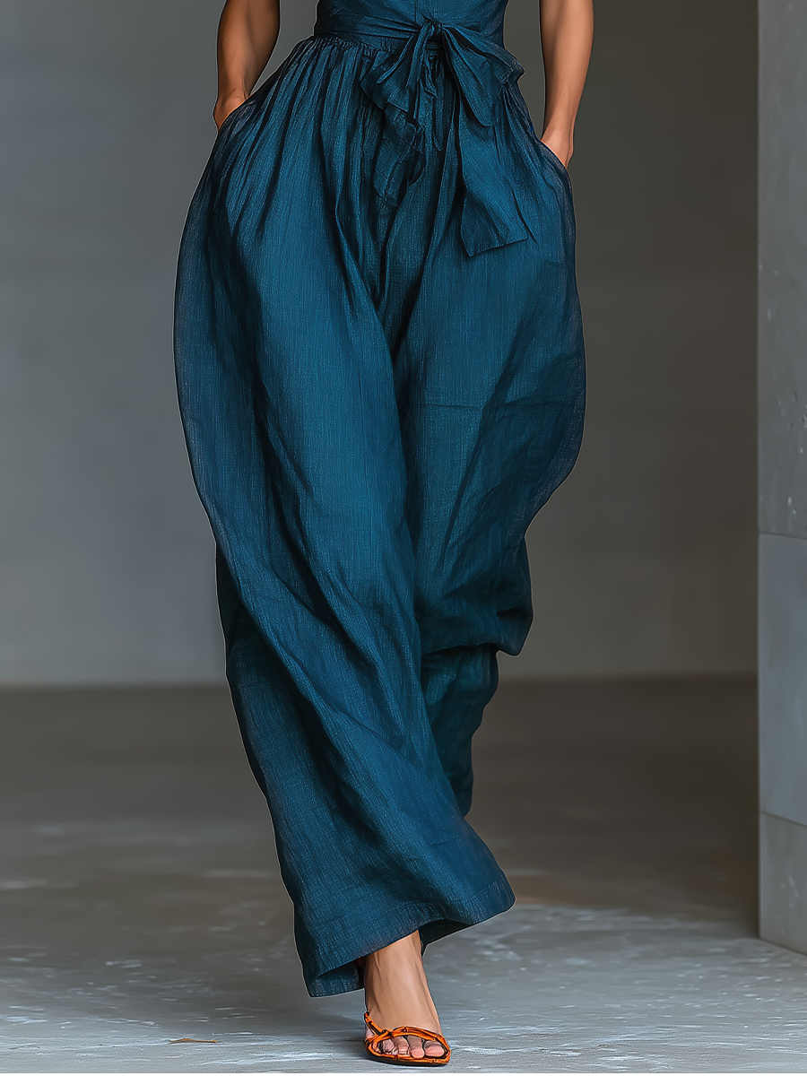 Women's Navy Blue Linen Fabric Cross Halter Wide-Leg Jumpsuit With Tie Waist & Side Pockets MDZ0455B5T