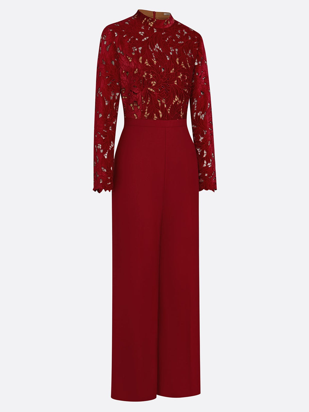 Women Wine Red Lace Flocked Mock Neck Long Sleeve Dressy Jumpsuit