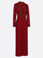 Women Wine Red Lace Flocked Mock Neck Long Sleeve Dressy Jumpsuit