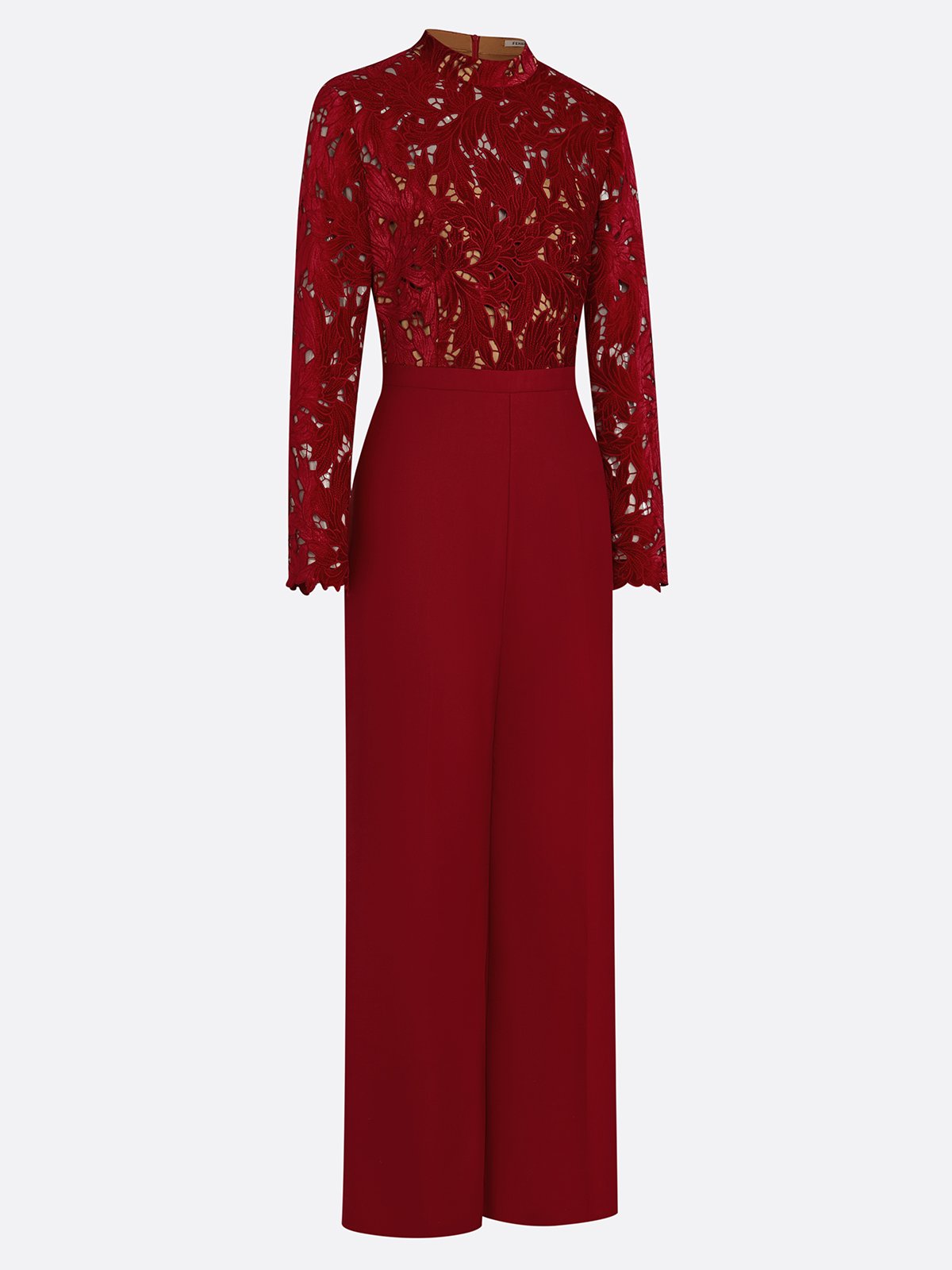 Women Wine Red Lace Flocked Mock Neck Long Sleeve Dressy Jumpsuit