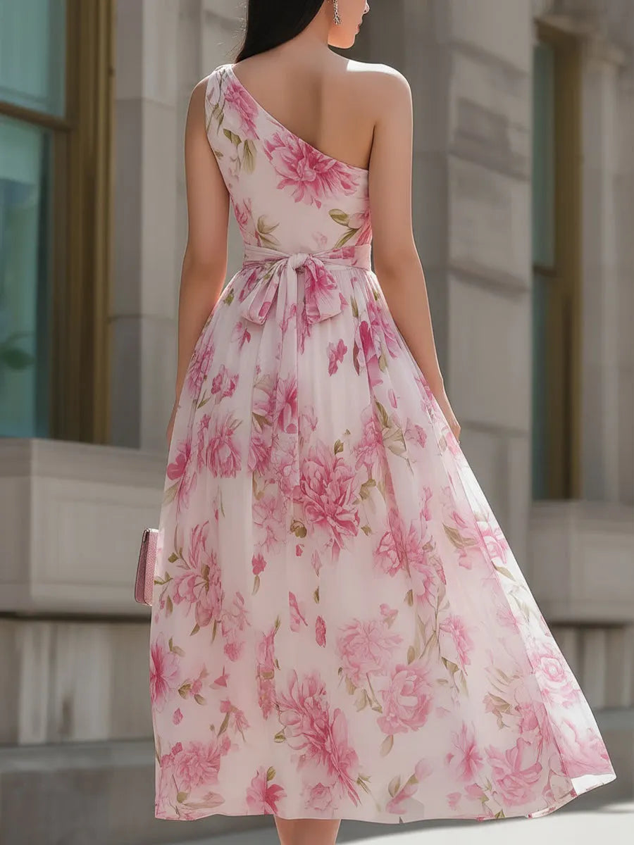 Pink Floral One-Shoulder Chiffon Midi Dress