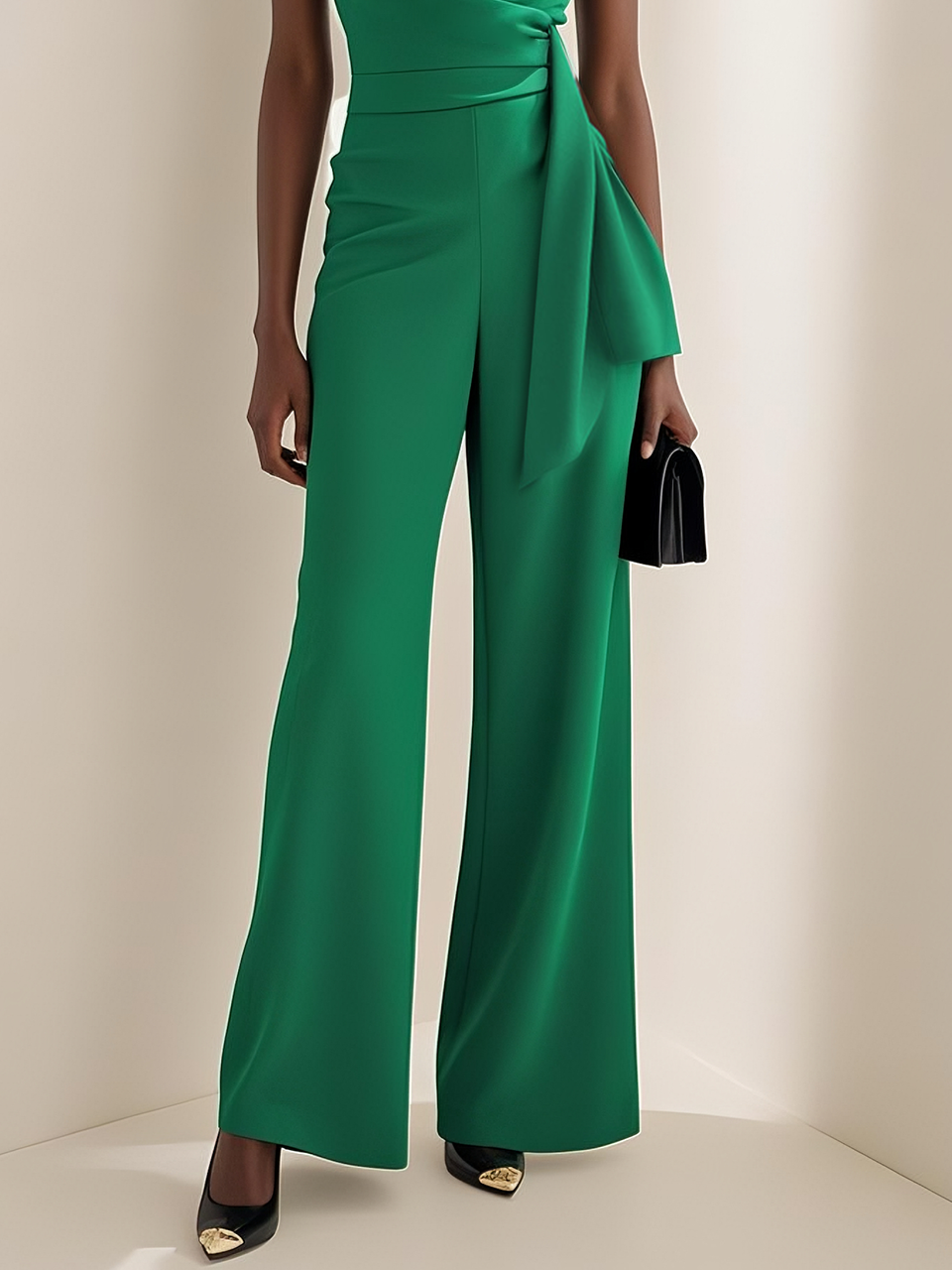 Women Green Ruched Cowl Neck Cap Sleeve Dressy Jumpsuit