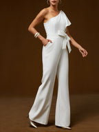 Women White Bow One Shoulder Wide-Leg Jumpsuit
