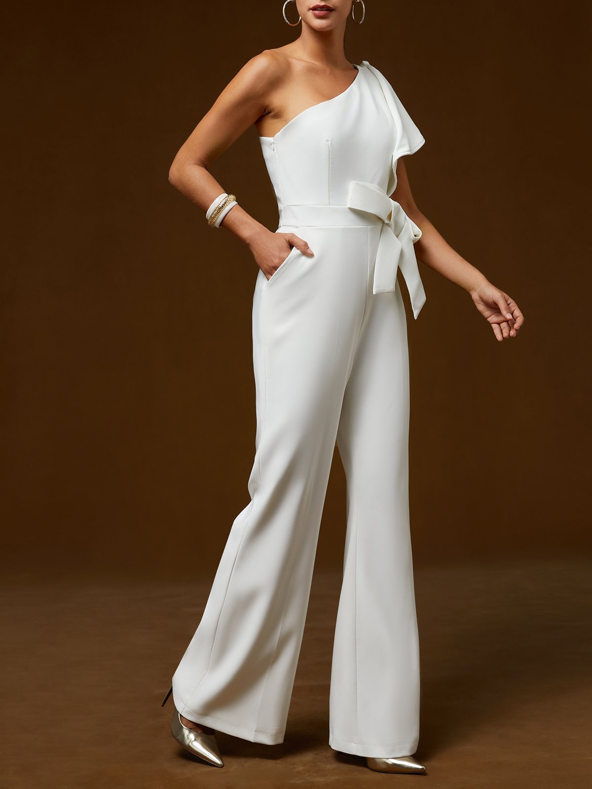 Women White Bow One Shoulder Wide-Leg Jumpsuit