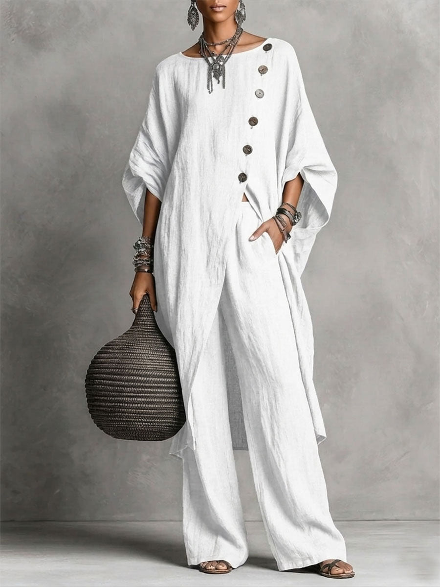 Women's Casual Two-piece Set: Side-slit Button-up Top And Loose-fit Pants