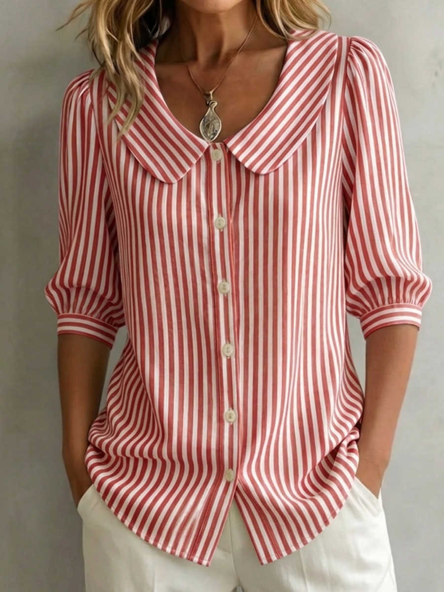 Retro Peter Pan Collar Striped Cotton-linen Shirt