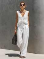Women's Casual White Cotton-Linen V-Neck Sleeveless Top And Trousers Set (Lined) MDZ2866C9AN