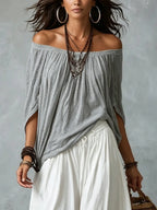 Grey Off-shoulder Top And White Loose-fitting Lantern Pants Suit
