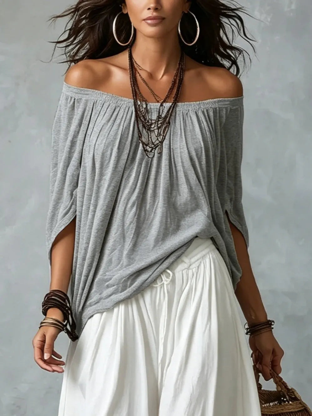 Grey Off-shoulder Top And White Loose-fitting Lantern Pants Suit