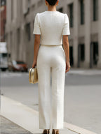 Tweed Cropped Short-Sleeve Jacket & High-Waisted Wide-Leg Pants Two-Piece Set