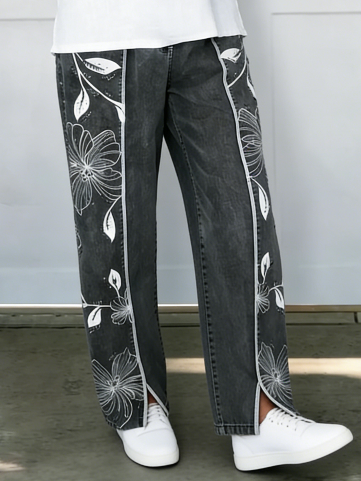 Cozy Artistic Floral Print Jeans