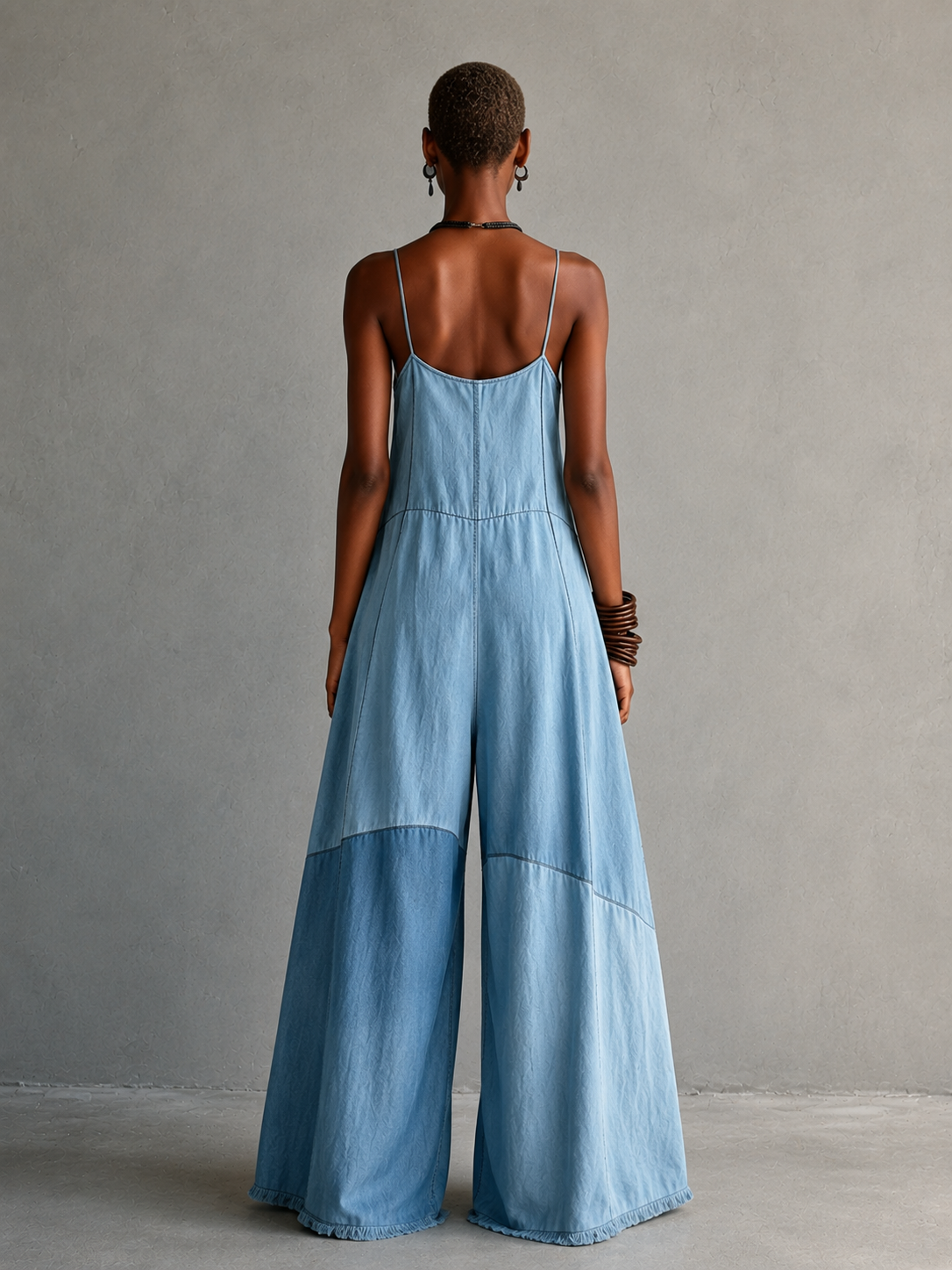 Denim Patchwork Wide Leg Spaghetti Strap Jumpsuit