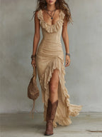 Boho Ruffled-Collar Lace High Slit Maxi Dress