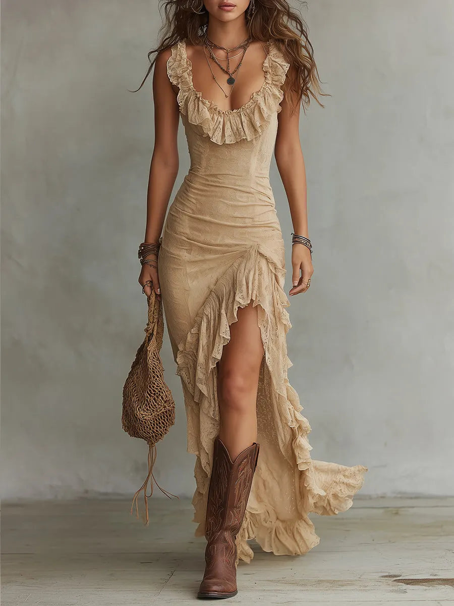 Boho Ruffled-Collar Lace High Slit Maxi Dress