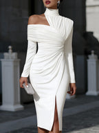 Asymmetric Draped High-Neck One-Shoulder Evening Dress