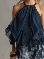 Elegant Urban Navy Blue Halter Neck Top And Printed Wide-leg Pants Chiffon Set