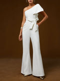 Women White Bow One Shoulder Wide-Leg Jumpsuit