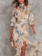 Beige Turtleneck Oil Painting Floral Print Irregular Chiffon Maxi Dress