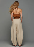 Women's Casual Brown Cotton-Linen Sleeveless Halter Top Paired With Beige Embroidered Trousers MDZ1512D0LXY