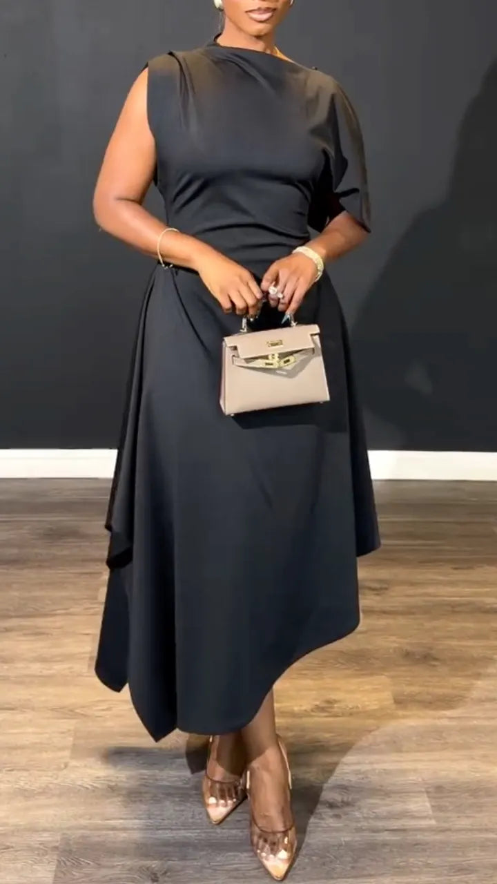 Black Draped Sleeveless Midi Dress