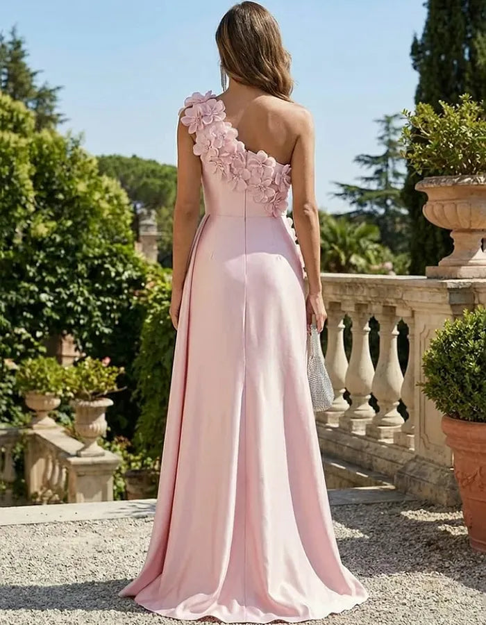 One Shoulder 3D Floral Side Draped Split Satin Maxi Dress