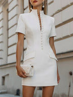 Stand Collar Button-Front Tailored Mini Dress