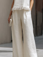 Sleeveless Textured Top And Wide-Leg Pants Set With Frayed Hem Detail