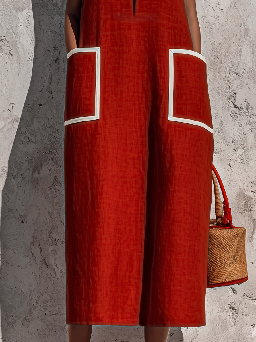 Women's Red Cotton-Linen Blend Sleeveless Midi Dress With Contrasting White Piping And Double Side Patch Pockets MDZ0318F7T