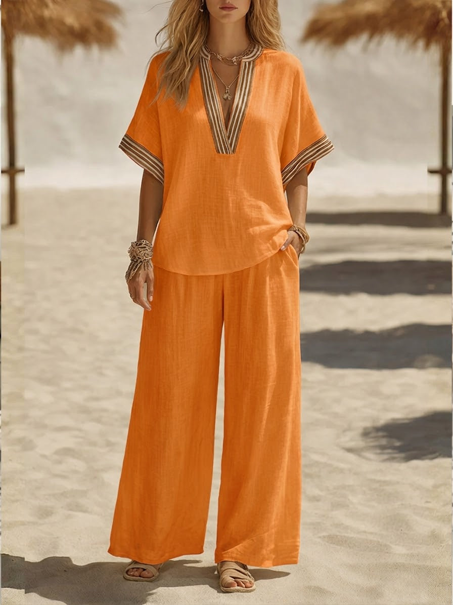 Casual Linen And Cotton Two-piece Set