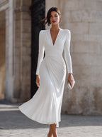 Ruched V-Neck Long Sleeve Midi Dress