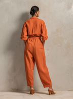 Women's Minimalist Cotton-Linen Jumpsuit With Belt — Wide-Leg Trousers And Mid-Length Sleeves MDZ2965E9ZJW