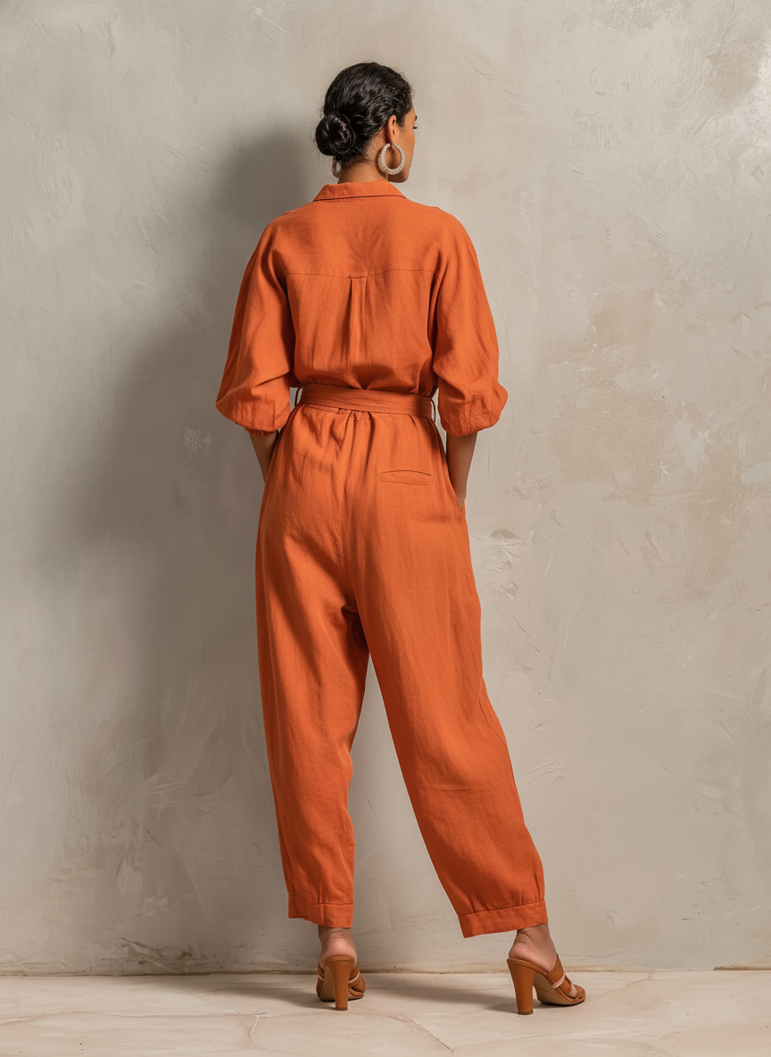Women's Minimalist Cotton-Linen Jumpsuit With Belt — Wide-Leg Trousers And Mid-Length Sleeves MDZ2965E9ZJW