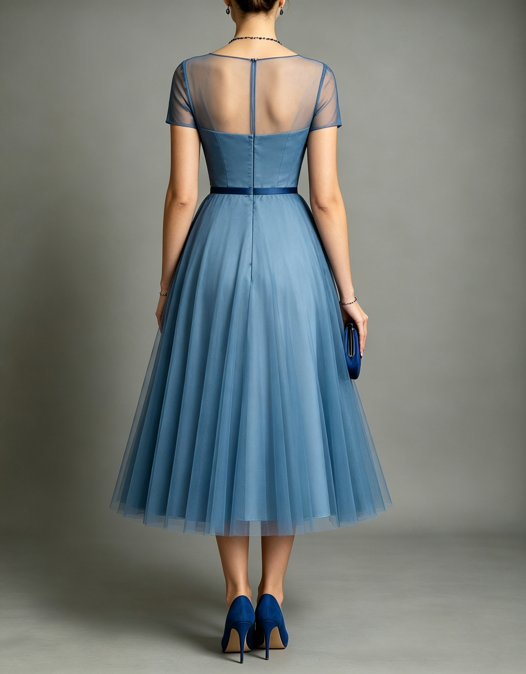 Dusty Blue Sheer Mesh Satin Round Neck Tulle Midi Formal Dress