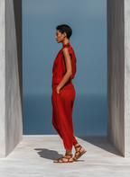 Women’s Red Linen Two-Piece Set: Asymmetrical One-Shoulder Top (Without Neck Scarf) & Wide-Leg Pants With Pockets MDZ2201D4T
