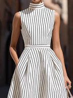 Elegant Pinstripe High Neck Sleeveless Fit & Flare Midi Dress