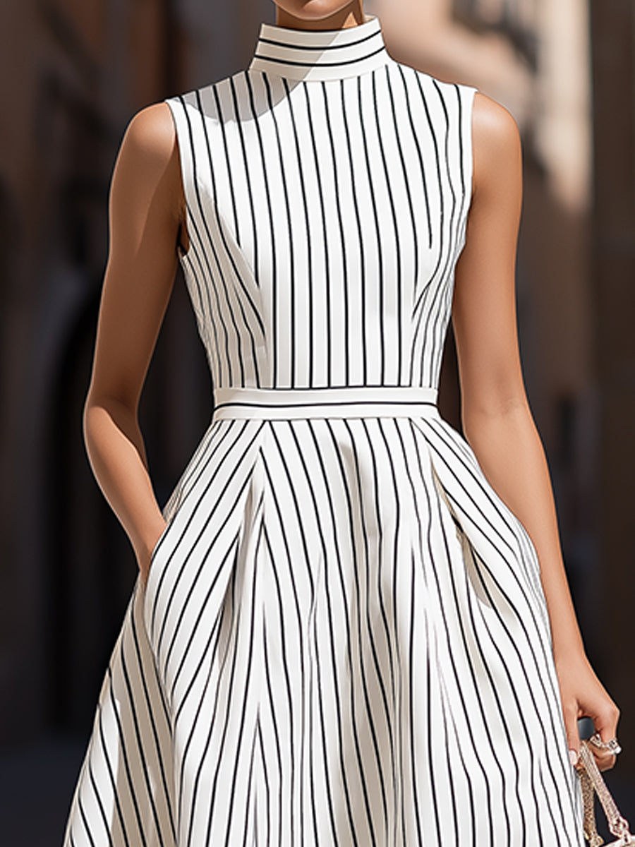 Elegant Pinstripe High Neck Sleeveless Fit & Flare Midi Dress