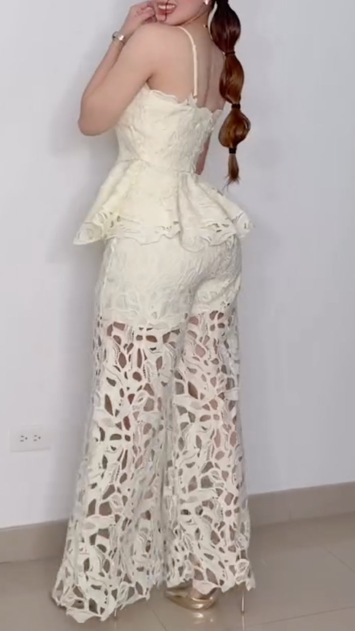Hollow Lace Peplum Two Piece Flare Pant Set