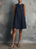 Women's Minimalist Commuter Style Navy Blue Linen Round Neck Asymmetric Buttons Side Pocket Sleeveless Mini Dress MDZ0395F6GMJ