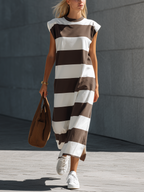 Women's Casual Brown & White Stretch-Knit Maxi Dress — Crew Neck, Sleeveless MDZ2362E0LXY