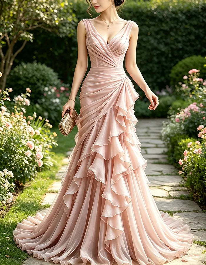 Pink V Sleeveless Side Multi Tier Ruffle Cross Ruched Chiffon Maxi Dress