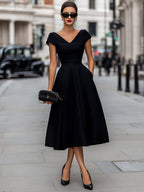 V-Neck Cap Sleeve A-Line Midi Dress